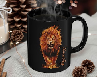Christmas gift Custom Lion Mug Lion Zodiac Sign Personalized Cup with Custom Name Leo Astrology Gift Black Coffee Cup Present Leo Lion Lover