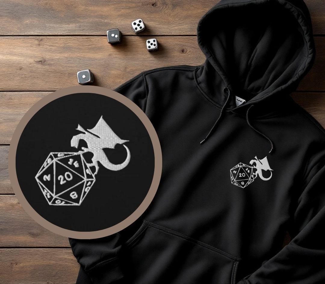 Embroidered D20 and Dragon Hoodie, Dungeons Sweatshirt, Tabletop RPG Apparel, Fantasy Gamer Gift, Geek Clothing, Roleplaying Game Merch