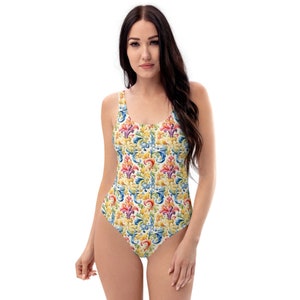 Colorful Baroque One Piece Swimsuit, Vibrant Pattern, Comfortable Beachwear, Summer Swimwear, Women&#39;s Swim Suit, Elegant Bathing Suit