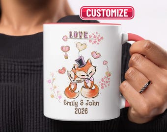 Taza personalizada de pareja de zorros, regalo de San Valentín, taza de amor personalizada, regalo para enamorados, regalo de aniversario, taza de compromiso, boda