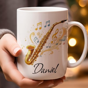 Personalized Saxophone Mug, Music Lover Gift, Custom Name Mug, Sax Player Present, Musical Notes Design, Unique Musician Mug, Coffee Mug