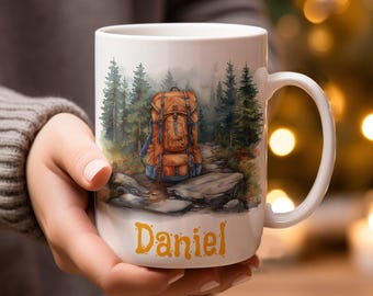 Personalized Camping Backpack Mug, Custom Name Mug, Hiking Nature Gift, Outdoor Adventure Mug, Unique Backpacker Cup, Gift for Hikers