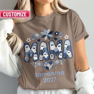 Gepersonaliseerd mama-shirt met schattige spookjesprint | Patchwork gewatteerd T-shirt met eigen naam en jaartal | Uniek cadeau voor een nieuwe mama