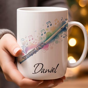 Personalized Music Notes Flute Coffee Mug, Custom Name Musical Instrument Mug, Flutist Gift, Music Lover Mug, Music Teacher Gift