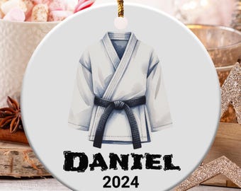 Custom Karate Gi Ornament, Personalized Name and Year, Perfect Martial Arts Gift, Unique Christmas Decoration, White Black Belt