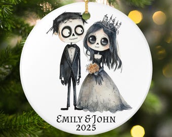 Custom Corpse Bride Ornament, Personalized Wedding Date Ornament, Gothic Halloween Wedding Keepsake, Couple Name and Year Ornament