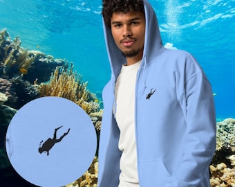 Sudadera con capucha de buceo bordada con cremallera, regalo de Navidad, buceador, instructor PADI, amante del océano, vida marina, ropa deportiva de playa, vacaciones
