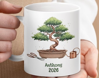 Custom Name Bonsai Tree Mug, Zen Garden Gift, Plant Lover Present, Watercolor Bonsai Coffee Cup, Gardening Gifts for Him Her, Bonsai Art Mug