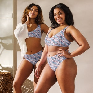 Bikini de flor de cerezo, traje de baño de dos piezas con estampado floral rosa y azul, ropa de baño de estilo retro, tallas grandes disponibles, moda de verano en la playa