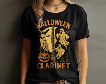 May include: Black t-shirt with a Halloween-themed design. The design features a clarinet, ghosts, bats, and a jack-o'-lantern in shades of orange and yellow. The words "HALLOWEEN CLARINET" are printed on the shirt.