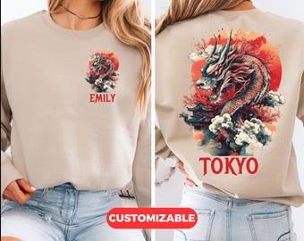 Benutzerdefinierte japanisches Drachen-Sweatshirt, Tokyo Dragon Graphic Hoodie, personalisiertes Vintage Tokyo Style Dragon T-Shirt, Unisex Dragon Art Kleidung