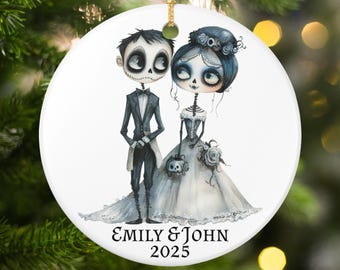 Personalized Corpse Bride Wedding Ornament, Custom Couple Name Year, Spooky Halloween Gothic Engagement Gift, Gothic Wedding Gift Halloween