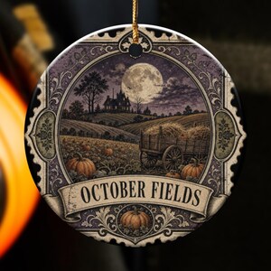 Halloween-prydnad, kuslig dekoration med oktoberfält, vintagekonst med spökhus och pumpafält, rustik höstgåva