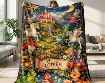 Personalized Fairytale Blanket, Custom Castle Unicorn Mermaid Fairy Dragon Kids Throw, Magical Enchanted Forest Name Sherpa Fleece Blanket