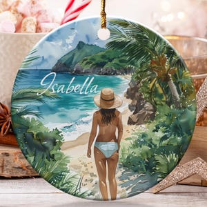 Custom Name Personalized Beach Scene Ornament, Custom Tropical Vacation Christmas Decoration, Beach Lover&#39;s Holiday Ornament Gift