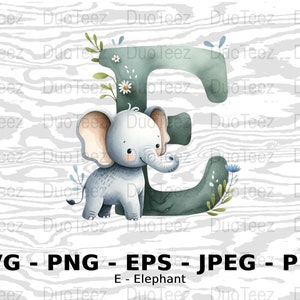 Arte da parede do alfabeto do berçário, elefante aquarela letra E, decoração de quarto infantil, impressão digital para download, clipart de elefante, PNG, SVG, elefante fofo