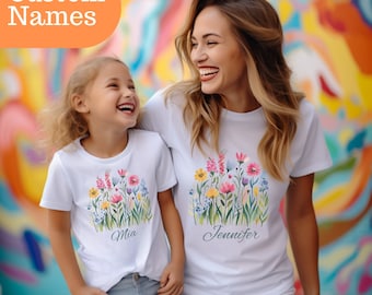 Custom Name Wildflower Tee, Personalized Floral T-Shirt, Birthday Garden Shirt, Mother and Daughter Shirt, Oversized Flower Top, Women Shirt
