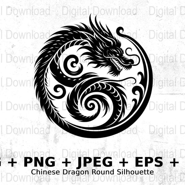 Chinese Dragon Round Silhouette SVG, PNG, JPEG, eps, pdf, Commercial Use, Clipart Vertor Graphics For Wall Art, T-Shirts, Mugs