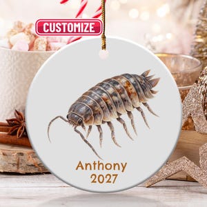 Op de afbeelding: Een rond wit keramieken ornament met een gedetailleerde illustratie van een pissebed in bruin- en grijstinten. De tekst "Anthony" en "2027" is in het bruin onder het insect gedrukt. Een gouden koord is aan de bovenkant bevestigd.