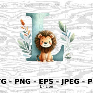 Lindo león alfabeto letra L arte de la pared de la guardería, decoración de la habitación del bebé, ABC de animales de impresión digital, cartel educativo para niños.