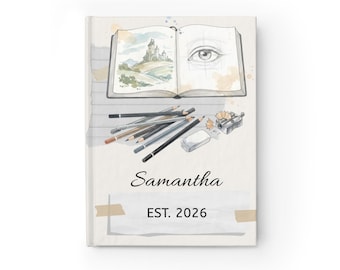 Custom Name Sketchbook Art Journal | Illustrated Open Book, Pencil & Eye, Artist Gift, Drawing, Sketching Gift