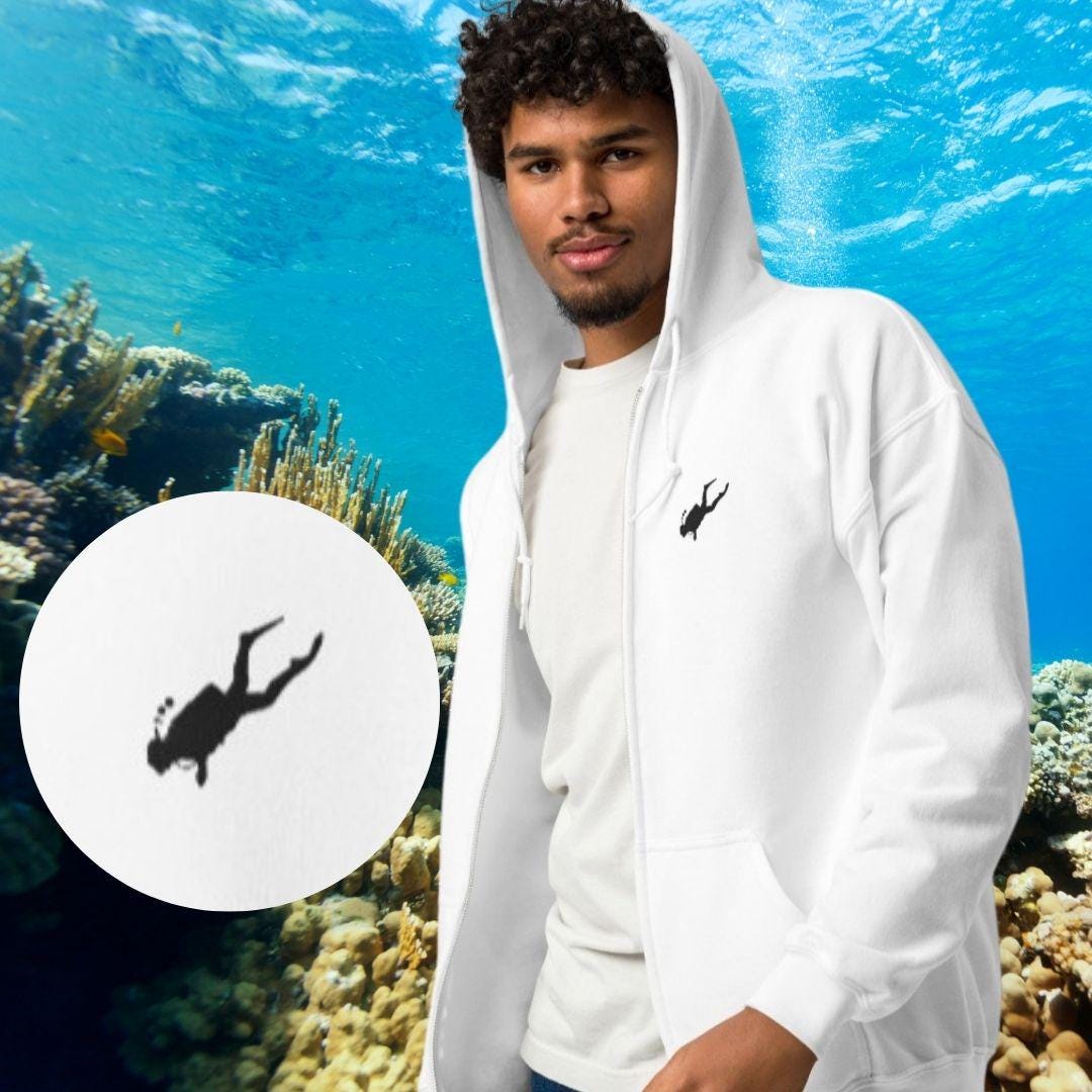 Scuba Diving Hoodie Embroidered Zip up Sweatshirt Diver Gift PADI
