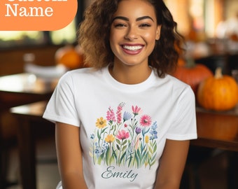Custom Name Wildflower Tee, Personalized Floral T-Shirt, Birthday Garden Shirt, Mother and Daughter Shirt, Oversized Flower Top, Women Shirt
