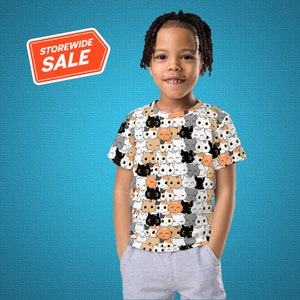 Leuke cartoon katten T-shirt voor kinderen, leuke dierenprint T-shirt met ronde hals, schattige kittenafbeeldingen, vrijetijdskleding kinderen, uniek cadeau kattenliefhebber