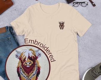 T-shirt brodé vache des montagnes, cadeau unisexe animal mignon t-shirt brodé pays rustique amoureux des vaches, cadeau d'anniversaire pour homme