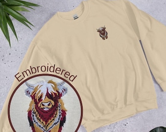 Geborduurde Highland Cow sweater uniseks cadeau schattige dieren geborduurde trui gezellige koeienliefhebber cadeau voor vriend rustieke landelijke trui