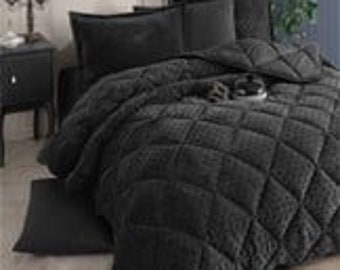 Wellsoft fleece comforter without cover - Plus pillowcase - Anthracite - Cotton ticking