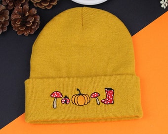 Autumn Beanie, Embroidered Beanie, Mustard Beanie, Unisex Beanie, Fall Beanie, Winter Beanie, Knitted Beanies, Knitted Headwear