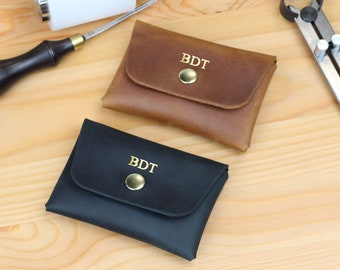 Personalized Brown Leather Card Wallet, Embossed Initials, Gold Foil Finish