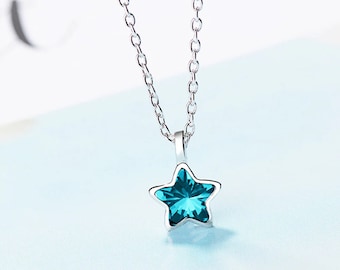 Blue Star Crystal Pendant Necklace in Sterling Silver, 925 Sterling Silver Necklace, Silver Jewellery, Silver necklace, Dainty Jewellery