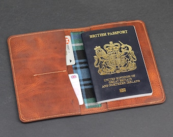 Personalized Leather Passport Wallet, Custom Passport Cover, Scottish Tartan Lining