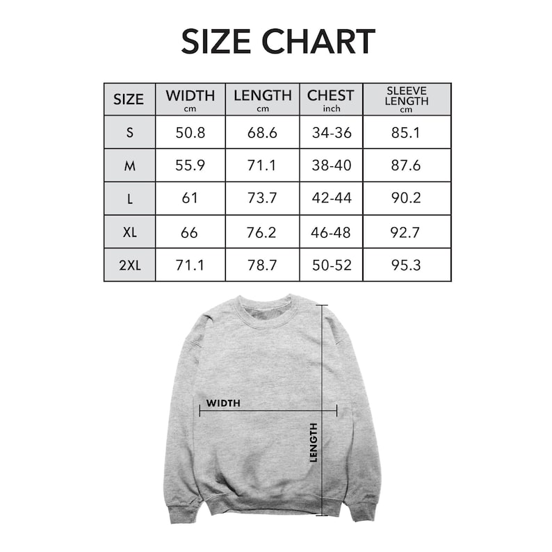 Puede incluir: Una tabla de tallas para una sudadera, con medidas en cent&iacute;metros y pulgadas. La tabla incluye las tallas S, M, L, XL y 2XL, con las medidas correspondientes de ancho, largo, pecho y largo de manga. Se muestra una sudadera gris en la parte inferior.