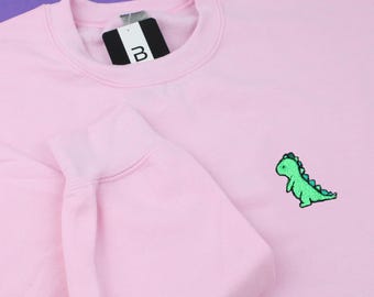Felpa con ricamo dinosauro, girocollo con simpatico dinosauro, ricamo T-Rex, maglia girocollo, pullover T-Rex, felpa dinosauro
