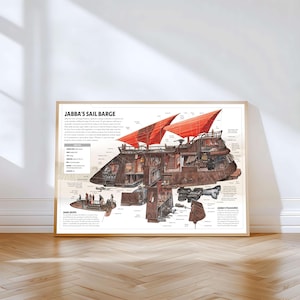 May include: A framed print of Jabba's Sail Barge, a detailed cutaway illustration. The barge is brown with red sails, showcasing interior compartments and labeled sections. The print is displayed on a wooden floor.