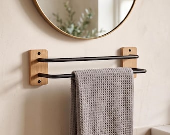 Oak and Matte Black Double Towel Rail - Wall Mounted Metal Towel Rack - Modern Farmhouse Storage