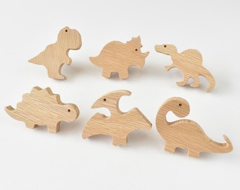 Dinosaur Drawer Knobs Set of 6 Designs, Jurassic Jungle Bedroom Decor, Oak Dino Furniture Pulls, Kids Dresser Handles, Nursery Cabinet Knobs