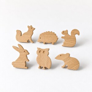 Oak Woodland Animal Drawer Knobs - Single or Set of 6 - Wooden Drawer Pulls - Kids Nursery Handles - Woodland Decor