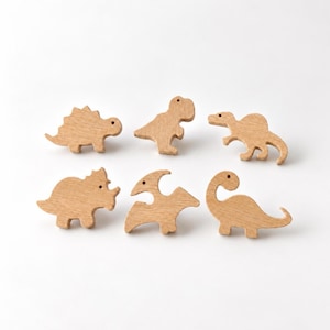 Eikenhouten ladeknoppen met dinosaurusmotief - Per stuk of set van 6 - Houten ladegrepen - Handgrepen voor kindercommode en babykamerkastjes - Decoratie voor de kinderkamer met dinosaurussen