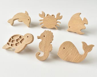 Ocean Drawer Knobs Set of 6 Designs, Wooden Sea Animal Drawer Pulls, Kids Dresser Handles, Nursery Cabinet Knobs, Under the Sea Decor