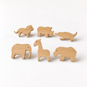 Oak Safari Animal Drawer Knobs - Single or Set of 6 - Wooden Drawer Pulls - Kids Dresser & Nursery Cabinet Handles - Jungle Bedroom Decor