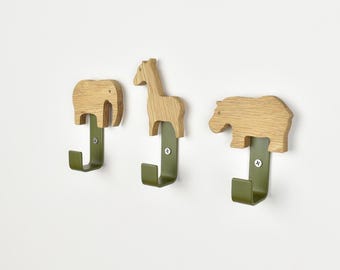 Ganci da parete con animali da safari / Elefante, Giraffa, Rinoceronte / Decorazioni per camerette e camerette dei bambini