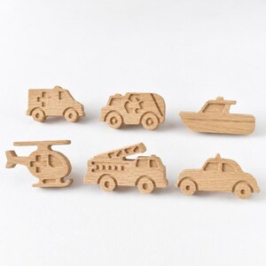 Oak Emergency Vehicle Drawer Knobs |  Single or Set of 6 l Wooden Kids Drawer Pulls | Fire Engine Police Ambulance & Helicopter Handles