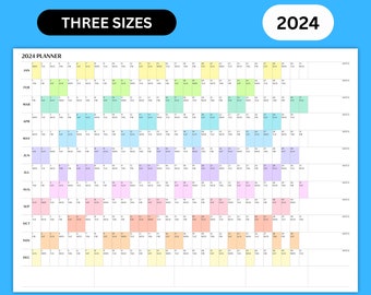 PRINTABLE 2024 Wall Calendar - Instant Digital Download - 2024 Wall Planner - Printable Calendar - 2024 Calendar PDF (Horizontal / Rainbow)
