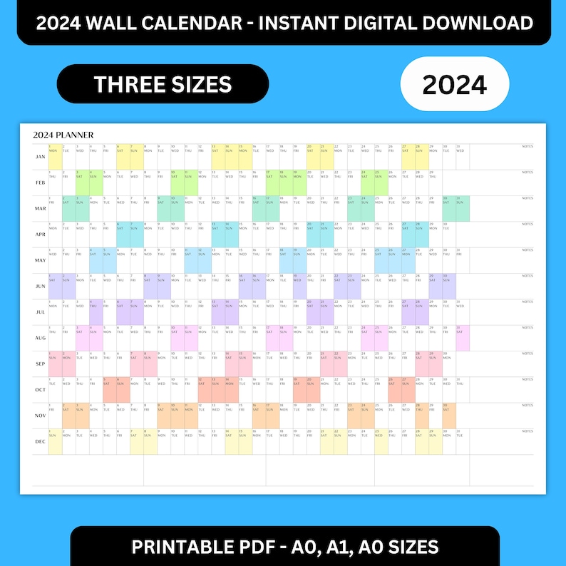 PRINTABLE 2024 Wall Calendar - Instant Digital Download - 2024 Wall ...