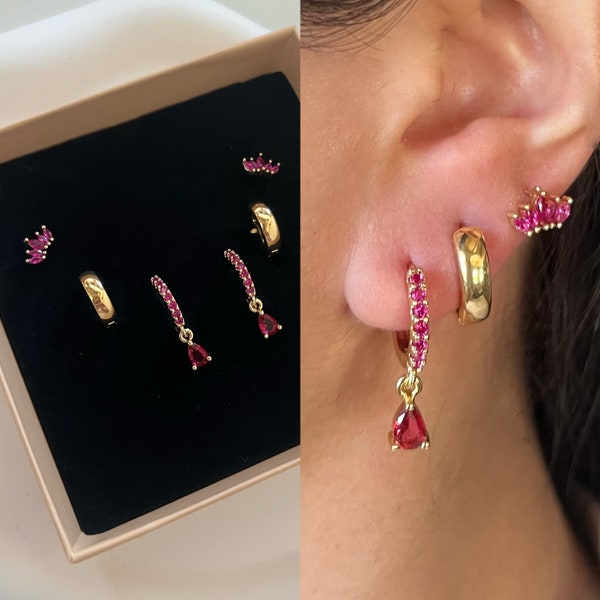Fuchsia Colored stone Stud Earrings Set, Gold-Color Shiny Geometric Earrings, Jewelry Gift for Woman Dainty Earrings, Statement Hoop Earring
