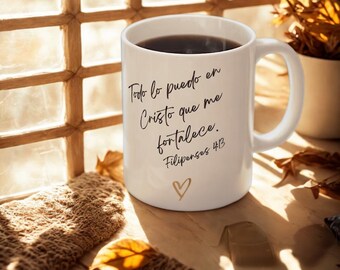Filipenses 4:13 Spaanse christelijke mok, keramische koffiekop bijbelvers, op geloof gebaseerde drinkgerei, religieus cadeau voor koffieliefhebbers